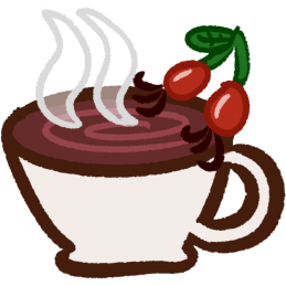 a cup of slightly pink-tinted tea with two rosehips in front of it.